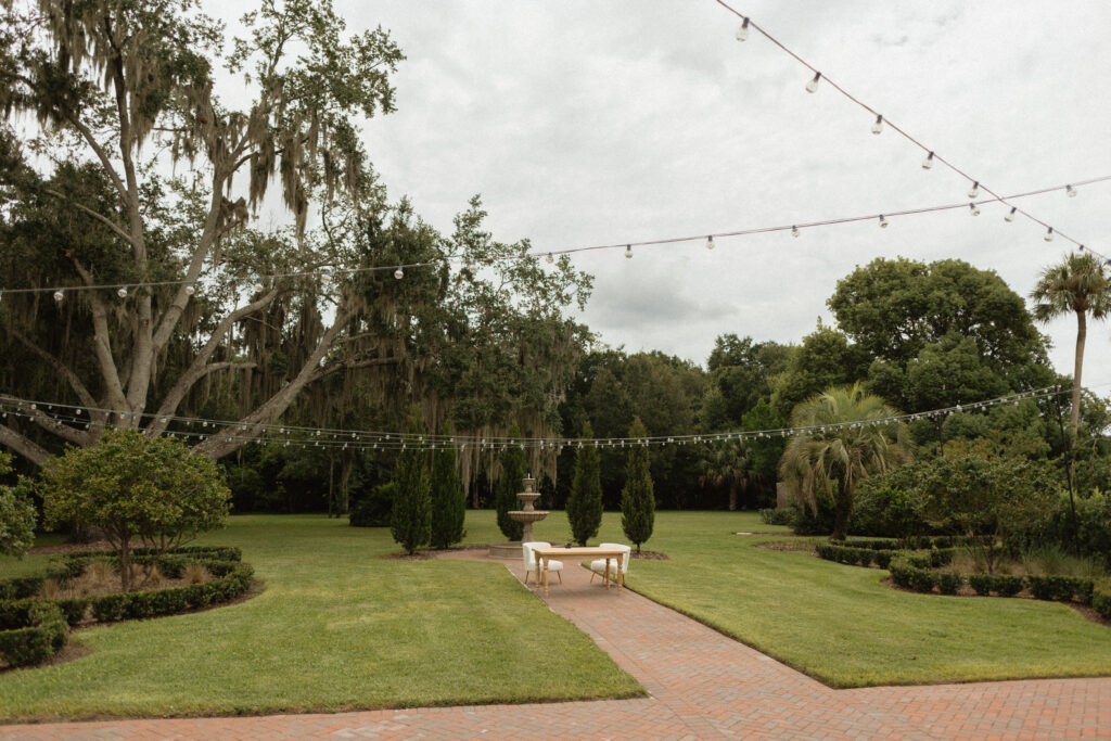 Romantic backyard wedding at The Palm Mansion in Umatilla, Florida with lush palm trees and floral arch